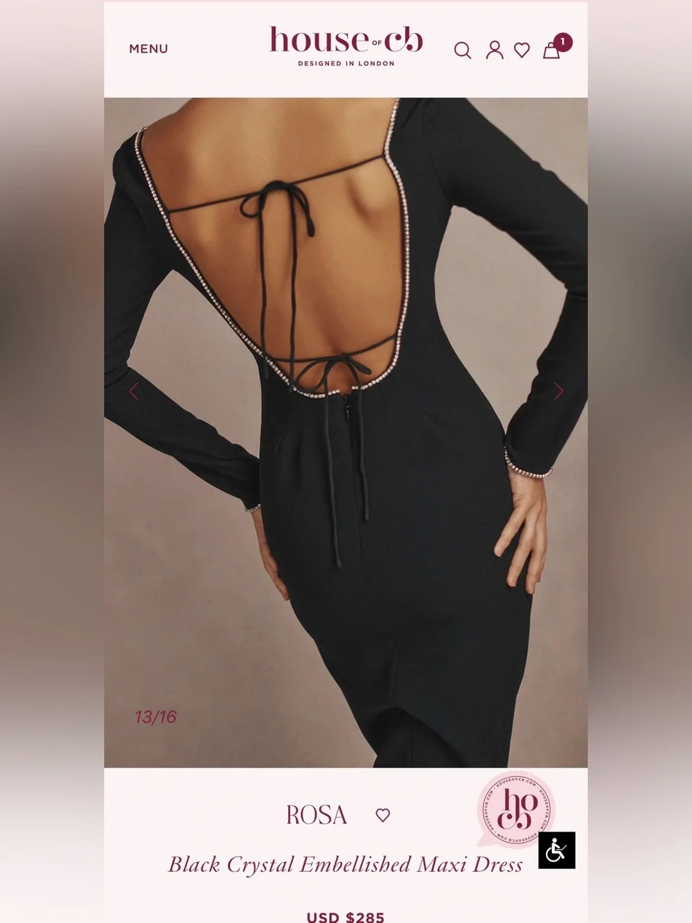 House of CB “Rosa” Dress  Black Crystal Embellished Maxi
